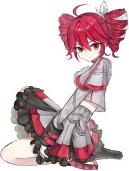 1girl ahoge belt black_boots black_sleeve_cuffs boots bow buttons closed_mouth drill_hair expressionless from_side grey_jacket grey_skirt guchi04043 hair_between_eyes hair_bow hair_ribbon hashtag-only_commentary highres jacket kasane_teto kasane_teto_(sv) kneeling layered_skirt layered_sleeves light_blush long_sleeves looking_at_viewer looking_to_the_side midriff red_belt red_eyes red_hair red_skirt red_trim ribbon simple_background skirt skirt_set solo striped_clothes striped_skirt synthesizer_v transparent_background twin_drills utau white_bow white_ribbon