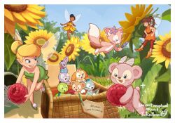3boys 6+girls bare_shoulders blonde_hair blue_eyes company_connection cookieann disney disney_fairies_(movie_series) dress duffy_and_friends duffy_the_disney_bear fairy fairy_wings fawn_(disney) fly_agaric gelatoni green_dress green_shoes green_tunic hair_bun highres iridessa_(disney) linabell mini_person minigirl multiple_boys multiple_girls mushroom olu_mel pointy_ears shelliemay shoes single_hair_bun smile stellalou strapless strapless_dress takatmaorange tinker_bell_(disney) tunic wings
