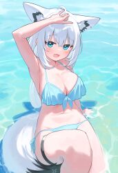 Rule 34 | 1girl, :d, absurdres, ahoge, alternate costume, animal ear fluff, animal ear piercing, animal ears, arm support, arm up, armpits, bikini, blue bikini, breasts, cleavage, commentary request, crossed bangs, day, double-parted bangs, extra ears, fox ears, fox girl, fox shadow puppet, fox tail, front-tie bikini top, front-tie top, hair between eyes, halterneck, highres, hololive, large breasts, long hair, looking at viewer, navel, open mouth, outdoors, pentagram, shirakami fubuki, side-tie bikini bottom, sitting, smile, solo, swimsuit, tail, thigh strap, verdey, virtual youtuber, water, white hair