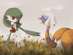 blue_eyes bob_cut colored_skin dress espathra gardevoir gen_3_pokemon grass green_hair green_skin grey_sky hair_over_one_eye mmmggom multicolored_skin nintendo open_mouth pokemon pokemon_(creature) red_eyes sky smile two-tone_skin white_dress white_skin