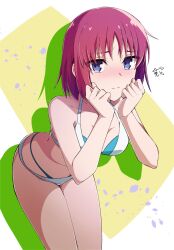 1girl alternate_costume azami_masurao bikini blue_eyes blush breasts cleavage closed_mouth commentary_request highres hisui_(tsukihime) looking_at_viewer medium_breasts red_hair shadow short_hair signature solo swimsuit tsukihime white_bikini