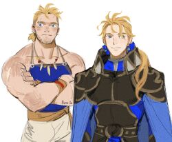 2boys blonde_hair blue_eyes blue_tank_top brothers cape commentary crossed_arms earrings edgar_roni_figaro english_commentary facial_hair final_fantasy final_fantasy_vi jewelry long_hair low_ponytail male_focus multiple_boys muscular muscular_male necklace ponytail prema-ja sabin_rene_figaro sash scar siblings smile tank_top waist_sash