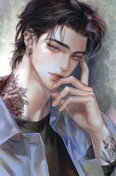 1boy absurdres aegyo_sal arm_tattoo black_hair black_sleeves blue_eyes blue_jacket closed_mouth ear_piercing earrings ha_ppy_0 hand_on_own_face highres jacket jewelry lips looking_at_viewer male_focus neck_tattoo nose original parted_bangs piercing short_hair solo tattoo upper_body