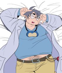 1boy bara beard_stubble belly bimbalabam blue_shirt blush brown_shorts closed_eyes commentary english_commentary facial_hair fat fat_man gay grey_hair highres lab_coat lying male_focus midriff_peek navel_hair_peek nintendo on_back on_bed open_mouth poke_ball pokemon pokemon_sleep professor_neroli round_eyewear shirt shorts sleep_mask stubble