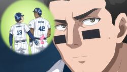 Rule 34 | 1boy, absurdres, ballpark de tsukamaete, baseball bat, baseball glove, baseball uniform, black hair, blush, catch me at the ballpark, dark eyes, former major leaguer, highres, holding, holding baseball bat, looking at viewer, male focus, serious expression, short hair, solo, sports, sportswear, young dennis (ballpark de tsukamaete)