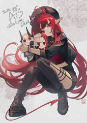 Rule 34 | 1girl, ambience synesthesia, arknights, asymmetrical legwear, beret, black boots, black hat, black jacket, black shoes, black skirt, black socks, boots, character doll, cropped jacket, demon horns, demon tail, doll, full body, grey background, hat, head tilt, hemorina, highres, holding, holding doll, holding stuffed toy, horns, hugging object, jacket, kneehighs, long hair, looking at viewer, mudrock (arknights), official alternate costume, pointy ears, red eyes, red hair, red shirt, shirt, shoes, signature, simple background, single kneehigh, single leg pantyhose, single sock, skirt, socks, solo, stuffed toy, tail, thigh strap, very long hair, vigna (arknights), vigna (black wave) (arknights), warfarin (arknights)