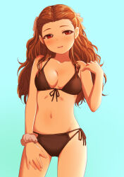1girl bikini black_bikini blush breasts brown_hair collarbone commentary_request cowboy_shot forehead front-tie_bikini_top front-tie_top hair_ribbon highres idolmaster idolmaster_cinderella_girls long_hair medium_breasts navel red_eyes ribbon sakaki_imasato scrunchie seki_hiromi side-tie_bikini_bottom simple_background smile solo stomach swimsuit white_ribbon wrist_scrunchie