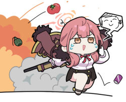 1boy 1girl aru_(blue_archive) black_shoes black_skirt blue_archive breasts brown_eyes brown_jacket can chibi collared_shirt commentary_request doodle_sensei_(blue_archive) dress_shirt explosion explosive fur-trimmed_jacket fur-trimmed_sleeves fur_trim grenade halo jacket jacket_on_shoulders long_hair lowres medium_breasts nyaru_(nyaru_4126) pink_hair running sensei_(blue_archive) shirt shoes simple_background skirt solo_focus tears tomato white_background white_shirt