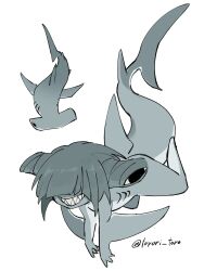 1girl animal colored_skin fins fish_tail full_body gills grey_hair grey_skin grin highres monster_girl original shark shark_girl shark_tail sharp_teeth short_hair simple_background smile solo tail teeth torori_toro_(oimo_kenpi) white_background