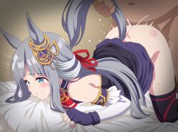 Rule 34 | 1boy, 1girl, animal ears, bed sheet, black thighhighs, blue eyes, chrono genesis (umamusume), clenched teeth, commentary request, crying, crying with eyes open, cum, cum overflow, doggystyle, eufoniuz, fingerless gloves, gloves, grey hair, hetero, highres, horse ears, horse girl, horse tail, long hair, paid reward available, parted lips, sex, sex from behind, sheet grab, tail, tail grab, tears, teeth, thighhighs, umamusume