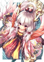 Rule 34 | 1girl, bow, breasts, emil chronicle online, feather fan, hagoromo, hair bow, highres, horns, japanese clothes, kimono, kirin (eco), orange shirt, ponytail, red bow, shawl, shirt, small breasts, white hair, yupi828