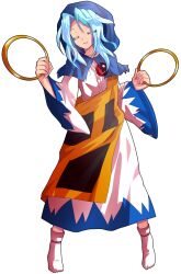1girl alphes_(style) blue_hair blue_hood clenched_hands closed_eyes commentary_request dairi dress frills full_body hands_up holding hood hood_up hoop jewelry kesa kumoi_ichirin large_variant_set long_hair long_sleeves multicolored_dress necklace parody pendant smile socks solo standing style_parody tachi-e touhou transparent_background variant_set wide_sleeves