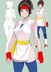 1girl ass braid breasts brown_eyes brown_hair closed_mouth dougi dytm fingerless_gloves gloves headband looking_at_viewer monochrome red_headband ryuuko_no_ken shoes short_hair simple_background single_braid sneakers solo the_king_of_fighters yuri_sakazaki