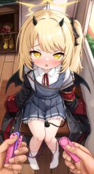 1girl absurdres asymmetrical_hair black_coat black_horns black_ribbon black_tail black_wings blonde_hair blue_archive blue_dress classroom coat collared_shirt commentary comodox demon_girl demon_horns demon_tail demon_wings desk dildo dress english_commentary flat_chest full_body hair_ribbon halo highres holding holding_sex_toy horns ibuki_(blue_archive) indoors large_variant_set loli long_sleeves neck_ribbon on_desk open_mouth paid_reward_available pinafore_dress pov pov_hands red_ribbon remote_control_vibrator ribbon sex_toy shirt side_ponytail sitting sleeveless sleeveless_dress sleeves_past_wrists socks solo_focus tail variant_set vibrator white_shirt white_socks wings yellow_eyes yellow_halo