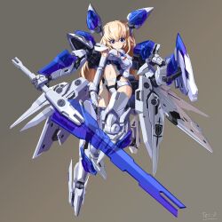 1girl altrene blonde_hair blue_eyes breasts busou_shinki elbow_gloves gloves highres holding holding_sword holding_weapon joints long_hair looking_at_viewer mecha_musume medium_breasts navel solo sword tei-o thighhighs weapon