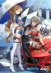 2girls absurdres belt black_thighhighs blonde_hair blue_eyes blue_shirt blue_shorts boots breasts car character_name choker chyoel cleavage cleavage_cutout clothing_cutout collarbone crop_top durandal_(honkai_impact) fingerless_gloves flag gloves hair_between_eyes hair_over_one_eye high_heel_boots high_heels highres honkai_(series) honkai_impact_3rd large_breasts leg_belt legband logo long_hair midriff miniskirt mole mole_under_eye motor_vehicle multiple_girls navel official_art on_car panties ponytail protected_link race_queen race_vehicle red_eyes red_skirt rita_rossweisse second-party_source shirt short_hair short_sleeves shorts skirt sleeveless smile stiletto_boots stiletto_heels string_panties thigh_boots thighhighs umbrella underwear very_long_hair white_thighhighs