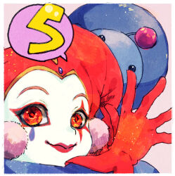 1girl chrono_cross closed_mouth clown commentary_request facepaint gloves harle_(chrono_cross) hat jester jester_cap looking_at_viewer orange_eyes pink_background pom_pom_(clothes) portrait red_gloves smile starky_(chrono_cross) teardrop_facial_mark tokio_(okt0w0)