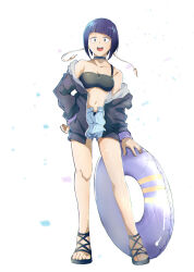 1girl absurdres audio_jack bare_legs bare_shoulders black_eyes blunt_bangs boku_no_hero_academia bra breasts choker earplugs flip-flops full_body hand_on_own_hip highres holding_floatie jacket jiro_kyoka long_earlobes looking_at_viewer open_clothes open_jacket open_mouth osunu purple_hair sandals short_hair shorts simple_background solo underwear white_background