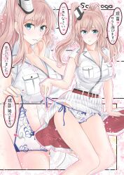 Rule 34 | 1girl, blue eyes, breast pocket, breasts, brown hair, commentary request, dress, feet out of frame, hair between eyes, high side ponytail, kantai collection, large breasts, looking at viewer, multiple views, panties, pocket, ponytail, saratoga (kancolle), side-tie panties, side ponytail, sidelocks, sitting, smokestack hair ornament, takase asagiri, translation request, underwear, upper body, white dress, white panties