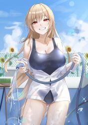1girl absurdres black_one-piece_swimsuit blue_sky blush breasts brown_hair cloud commentary_request furen_e_lustario grin hair_between_eyes hamigaki_(hikaruyusi) highres holding holding_hose hose large_breasts long_hair looking_at_viewer nijisanji one-piece_swimsuit outdoors partially_unbuttoned red_eyes school_swimsuit shirt sky smile solo standing swimsuit teeth thighhighs very_long_hair virtual_youtuber white_shirt