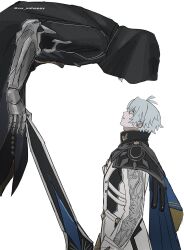 Rule 34 | 2boys, black cloak, blue cape, cape, cloak, coat, flame reaver of the deepest dark, grey hair, highres, holding, holding sword, holding weapon, honkai: star rail, honkai (series), hood, hooded cloak, looking at another, looking up, male focus, multiple boys, ox xohappy, phainon (honkai: star rail), simple background, sword, upper body, weapon, white background, white coat