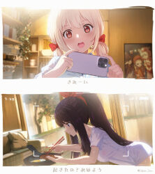 2girls :o absurdres alternate_costume bent_over black_hair blonde_hair blush bow breasts commentary_request cooking edgar_syu egg_(food) food from_side frying_pan hair_bow hair_ribbon hairband hands_up highres holding holding_phone indoors inoue_takina large_breasts long_hair low_twintails lycoris_recoil multiple_girls nishikigi_chisato phone ponytail profile red_bow red_eyes red_hairband red_ribbon ribbon shirt short_hair short_sleeves taking_picture teeth translated twintails upper_teeth_only white_shirt