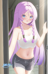 1girl absurdres alternate_costume artist_name black_shorts blue_eyes blush braid camisole citlali_(genshin_impact) cleavage_cutout clothing_cutout commentary_request dolphin_shorts doorway facial_mark genshin_impact highres hyakuya_iori long_hair looking_at_viewer midriff navel pink_hair pov_doorway shorts solo squeans tile_floor tiles triangle triangle_facial_mark twin_braids twitter_username very_long_hair white_camisole