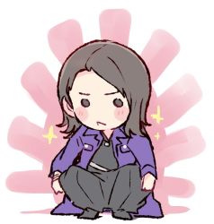 1girl akb48 black_eyes black_hair black_hakama black_shirt blush chibi coat commentary_request delinquent female_focus frown hakama hakama_skirt japanese_clothes kizaki_yuria long_hair long_jacket long_sleeves no_bangs purple_coat real_life shirt skirt solo sparkle squatting sunburst taneda_yuuta