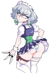 1girl ass between_fingers bow braid corset cropped_legs eyelashes from_behind garter_belt gountro green_bow green_corset grey_hair hair_between_eyes hair_bow holding holding_knife izayoi_sakuya knees_up knife knives_between_fingers layered_skirt looking_back lowres maid maid_headdress multiple_hair_bows over-kneehighs panties pixel_art pleated_skirt puffy_short_sleeves puffy_sleeves red_eyes short_hair short_sleeves skirt socks solo striped_clothes striped_panties thighhighs throwing_knife touhou twin_braids underwear weapon white_background white_socks white_wrist_cuffs wrist_cuffs