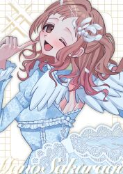 1girl ;d absurdres blue_dress blue_wings brown_hair character_name dress feathered_wings grid_background highres idolmaster idolmaster_shiny_colors long_hair looking_at_viewer one_eye_closed open_mouth rebanira_kaisan sakuragi_mano smile solo upper_body wings