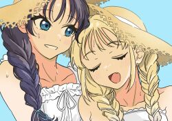 Rule 34 | 2girls, armpit crease, bare shoulders, black hair, blonde hair, blue eyes, blue ribbon, braid, collarbone, commentary, dress, fang, gradient hair, grin, hair over shoulder, hair ribbon, highres, link! like! love live!, llkapital, looking at another, love live!, low twin braids, multicolored hair, multiple girls, murano sayaka, official alternate costume, official alternate hairstyle, open mouth, osawa rurino, ribbon, ribbon braid, single braid, sleeveless, sleeveless dress, smile, twin braids, virtual youtuber, white dress, white ribbon