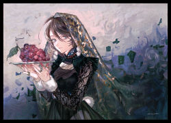 1girl black_hair blue_eyes female_focus food fruit grapes highres jewelry original plate ring solo ueno_zousui veil