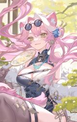 1girl alternate_costume animal_ear_fluff animal_ears bare_shoulders bonsai breasts chest_belt china_dress chinese_clothes cleavage cleavage_cutout clothing_cutout double-parted_bangs dress earrings elbow_gloves eyewear_on_head fang feather_boa floating_hair flower gloves hair_bun hair_flower hair_intakes hair_ornament hair_stick hand_fan high_collar highres holding holding_fan hololive hololive_english jewelry large_breasts lazee_b light_smile lips long_hair looking_at_viewer necklace panther_ears panther_girl panther_tail pearl_necklace pelvic_curtain pink_hair raora_panthera round_eyewear side_slit signature single_side_bun sitting skin_fang solo sunglasses tail tassel thigh_strap thighhighs tree tuanshan virtual_youtuber white_stripes yellow_eyes