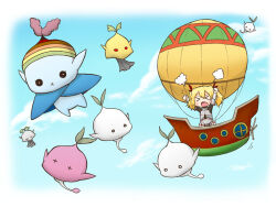 &gt;_&lt; 1girl x_mouth aircraft airship armor arms_up blonde_hair blue_sky breastplate closed_eyes cloud commentary_request etrian_odyssey flying_sweatdrops fortress_(sekaiju) fortress_2_(sekaiju) hair_ribbon hot_air_balloon long_sleeves naga_u open_mouth pooka_(sekaiju) red_ribbon ribbon sekaiju_no_meikyuu sekaiju_no_meikyuu_4 sky twintails x_x