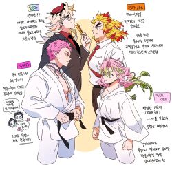 1girl 3boys adjusting_clothes akaza_(kimetsu_no_yaiba) arms_at_sides belt black_hair black_jacket black_necktie black_pants blonde_hair blue_eyes braid breasts chibi chibi_inset clenched_hands closed_mouth collared_shirt colored_tips cropped_legs dougi douma_(kimetsu_no_yaiba) eye_contact eyelashes faceoff floating_hair flower-shaped_pupils folded_fan folding_fan forked_eyebrows frown green_eyes green_hair hakuji_(kimetsu_no_yaiba) half_updo hand_fan hand_up highres holding holding_fan jacket kanroji_mitsuri kimetsu_gakuen kimetsu_no_yaiba korean_commentary korean_text koyuki_(kimetsu_no_yaiba) long_hair long_sleeves looking_at_another male_focus medium_hair mole mole_under_eye multicolored_hair multiple_boys neck_tattoo necktie pants pectorals pink_hair patterned_hair profile red_hair red_necktie red_shirt rengoku_kyoujurou sash shirt short_hair simple_background single_braid smile streaked_hair symbol-shaped_pupils tattoo tie_clip two-tone_hair tying ungungzza white_background white_shirt