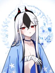 1girl alternate_costume alternate_hairstyle bandaged_arm bandages black_choker black_hair blue_archive breasts choker demon_horns highres horns kayoko_(blue_archive) long_hair looking_at_viewer manli multicolored_hair nagusa_(blue_archive) red_eyes small_breasts solo two-tone_hair white_background white_hair
