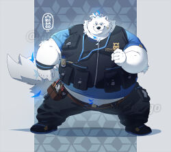 1boy animal_ears artist_logo artist_name bandaid bandaid_on_face bara belly belt black_pants black_vest blue_shirt commentary dated dog_boy dog_ears dog_nose dog_tail english_commentary fat furry furry_male live_a_hero logo looking_at_viewer male_focus multicolored_hair pants plump riisago shirt streaked_hair tail utility_belt vest white_fur yohack