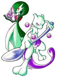 absurdres bob_cut colored_skin dress dwalkn gardevoir gen_1_pokemon gen_3_pokemon green_hair green_skin highres holding holding_spoon legendary_pokemon mewtwo multicolored_skin nintendo pink_eyes pokemon pokemon_(creature) pokemon_tcg pokemon_tcg_pocket purple_eyes purple_skin signature spoon two-tone_skin white_dress white_skin