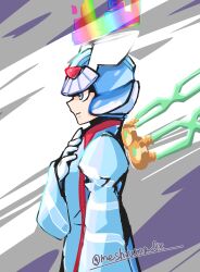 Rule 34 | 1boy, absurdres, blue eyes, blue helmet, blue wings, cowboy shot, cyber elf x (mega man), forehead jewel, from side, halo, helmet, highres, male focus, mechanical wings, mega man (series), mega man zero (series), meshiuma0x, profile, solo, twitter username, wings, x (mega man)