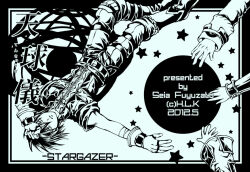 2boys 2girls aine_(hoshi_wo_miru_hito) artist_name belt belt_buckle black_border boots border bracer buckle copyright_name dated feet_out_of_frame fuyuzato_seia gloves greyscale hair_between_eyes hand_on_own_head hoshi_wo_miru_hito jacket knee_boots knee_pads knee_up leg_belt looking_at_another lying male_focus minami_(hoshi_wo_miru_hito) misa_(hoshi_wo_miru_hito) monochrome multiple_belts multiple_boys multiple_girls on_back open_clothes open_jacket outside_border outstretched_arm pants parted_lips reaching reaching_towards_another shiba_(hoshi_wo_miru_hito) shirt short_hair short_sleeves sleeve_cuffs sleeves_past_wrists solo_focus star_(symbol) stargazer_(series) thigh_belt thigh_strap upside-down wrist_belt zipper zipper_pull_tab