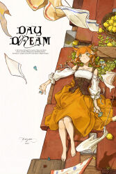 1girl absurdres animal_ears artist_name barefoot basket bodice braid cat_ears cat_girl clothes_pin clothesline collarbone colored_tips commentary drying drying_clothes english_text final_fantasy final_fantasy_xiv flower food fruit green_eyes highres holding holding_flower leaf lemon lying miqo&#039;te multicolored_hair off-shoulder_shirt off_shoulder on_back orange_hair orange_skirt parted_lips shirt skirt solo twin_braids two-tone_hair warrior_of_light_(ff14) white_hair white_shirt yuzaiii