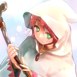 1girl chimochimo choker closed_mouth final_fantasy final_fantasy_v green_eyes holding holding_staff hood lenna_charlotte_tycoon looking_at_viewer pink_hair robe short_hair smile solo staff white_mage_(final_fantasy)