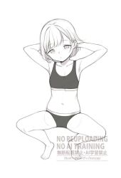 1girl arms_up barefoot expressionless flat_chest full_body greyscale highres kanya_pyi looking_at_viewer monochrome navel original panties short_hair solo sports_bra sports_panties squatting underwear