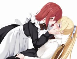 apron bagel_sandica bent_over black_dress black_skirt blonde_hair blue_eyes blush chair dress highres long_hair looking_at_another looking_at_viewer maid master_and_servant original ponytail red_hair shirt sitting skirt white_background white_shirt yellow_eyes