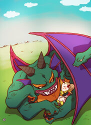 1boy 1girl bat_wings black_horns blonde_hair blush boots closed_eyes commentary_request dragon_quest dragon_quest_builders_2 dress extra_arms female_builder_(dqb2) fins fringe_trim gloves grass green_scales hair_pulled_back hair_ribbon head_fins holding horns jewelry kasiwamoti11 lying monster monster_boy multicolored_eyes neckerchief necklace on_stomach red_eyes red_nails red_ribbon ribbon sharp_teeth sidoh size_difference slit_pupils smile snake_head_tail tail teeth wings yellow_boots yellow_eyes yellow_gloves yellow_neckerchief