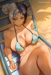 abs araneesama beach beach_chair bikini black_hair breasts brown_eyes chair collarbone dark-skinned_female dark_skin double_bun hair_bun highres large_breasts looking_at_viewer lounge_chair multicolored_hair muscular muscular_female outdoors print_bikini short_hair skindentation swimsuit the_first_descendant two-tone_hair white_hair