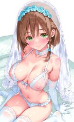 1girl absurdres arm_support blush bra braid braided_sidelock breasts bridal_veil brown_hair choker closed_mouth collarbone commentary_request elbow_gloves front-tie_bra gloves green_eyes highres iwato_(celler) lace lace-trimmed_thighhighs lace_choker lace_trim large_breasts looking_at_viewer mole mole_under_eye navel nipples original panties see-through_bra see-through_clothes shiny_skin short_hair sitting smile solo thighhighs underwear underwear_only veil wariza white_background white_bra white_choker white_gloves white_panties white_thighhighs