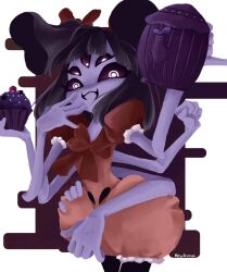 1girl arthropod_girl artist_name black_hair bow bowtie bug cake colored_skin commentary english_commentary extra_arms extra_eyes food furry furry_female hair_bow hand_on_own_hip hand_to_own_mouth highres holding holding_cake holding_food holding_teapot insect_girl looking_at_viewer muffet puffy_pants puffy_short_sleeves puffy_sleeves purple_skin red_bow red_bowtie reykuna short_sleeves solo spider spider_girl teapot undertale
