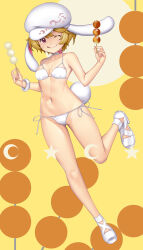 1girl animal_ears bikini blonde_hair newsboy_cap closed_mouth dango food full_body hat hataraki_kuma highres holding holding_food navel one_eye_closed rabbit_ears rabbit_tail red_eyes ringo_(touhou) sandals short_hair smile solo swimsuit tail touhou wagashi white_bikini white_hat white_sandals