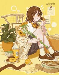 1girl absurdres black_shorts blush book bracelet brown-framed_eyewear brown_hair brown_shoes commentary cup donut drinking_straw flower food full_body glasses grid_background headphones headphones_around_neck highres holding holding_donut holding_flower holding_food jacket jewelry long_sleeves looking_at_viewer nail_polish open_clothes open_jacket open_mouth original outline plaid_clothes plaid_jacket plant plate potted_plant shirt shoes short_hair shorts sitting sneakers socks solo sunflower symbol-only_commentary twitter_username un_(un0044) white_jacket white_outline white_shirt white_socks yellow_background yellow_eyes yellow_flower yellow_nails